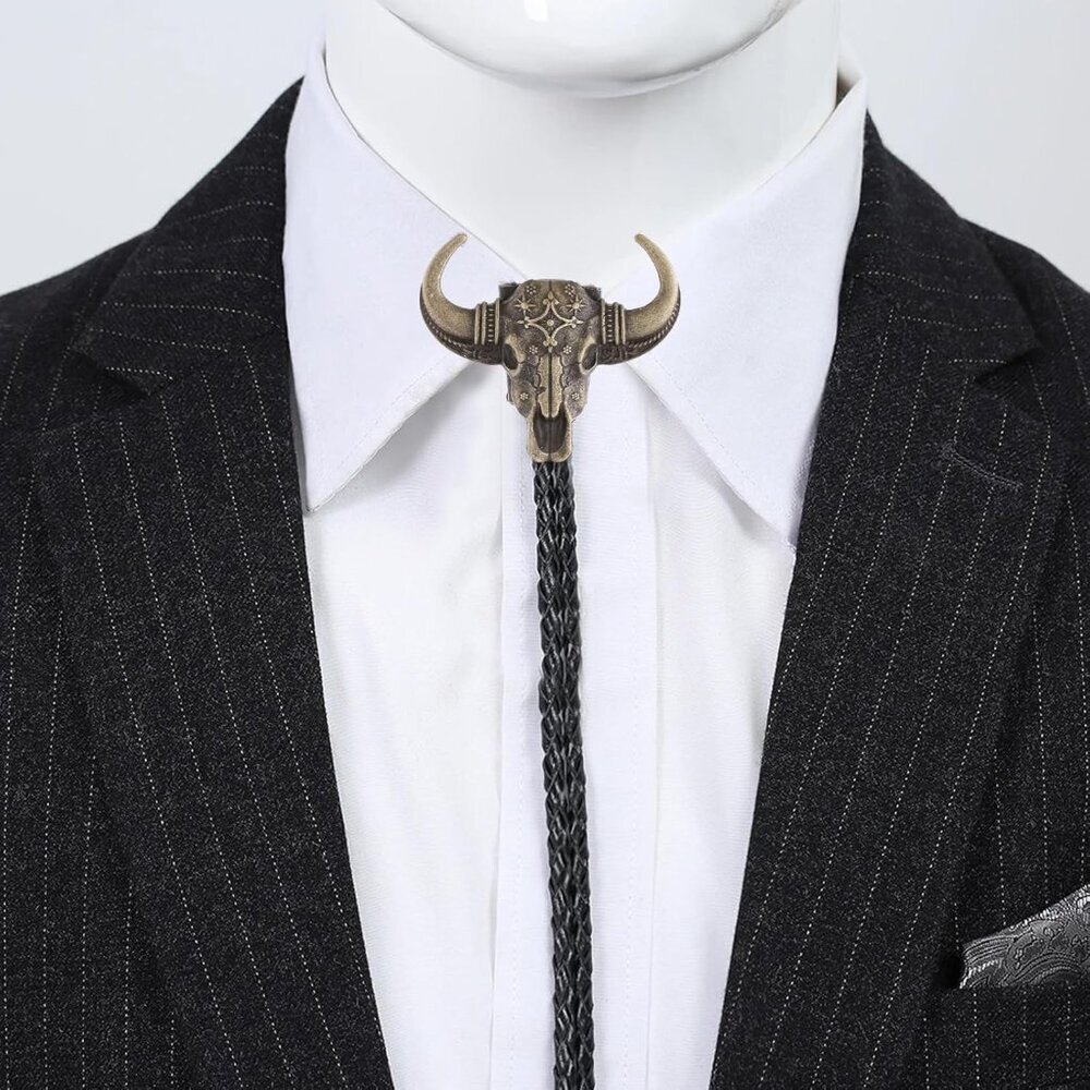 Longhorn Bull Bolo Tie for Men Native American Western Cowboy Leather Necktie Bo - Picture 5 of 6